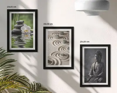 Modern keretezett kép szett pihentető Buddha szobor tengerparti kövekkel és bambusszal