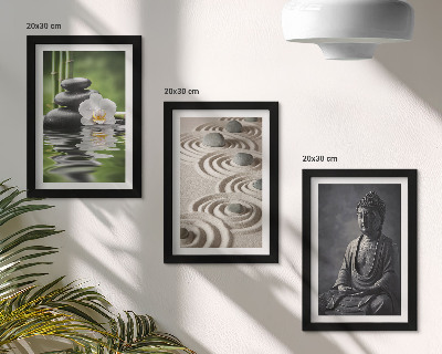 Modern keretezett kép szett Pihentető kilátás Buddha szobrára, a tengerparton lévő kövekre és bambuszra