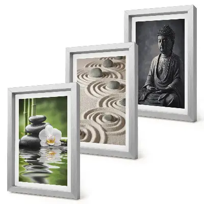 Modern keretezett kép szett pihentető Buddha szobor tengerparti kövekkel és bambusszal