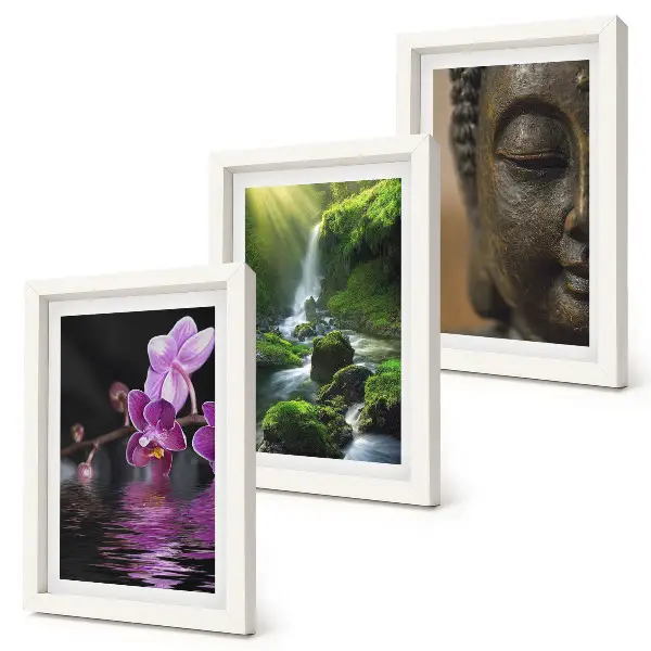 Virágok a vízben, vízesés zöld sziklákkal és Buddha mintás triptichon keretezett kivitelben