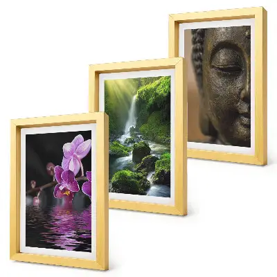 Virágok a vízben, vízesés zöld sziklákkal és Buddha mintás triptichon keretezett kivitelben