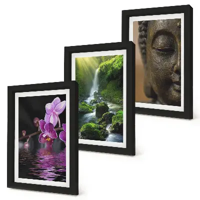 Virágok a vízben, vízesés zöld sziklákkal és Buddha mintás triptichon keretezett kivitelben