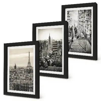 Modern keretezett képszett városi kilátások Párizsról és New Yorkról lépcsős motívummal