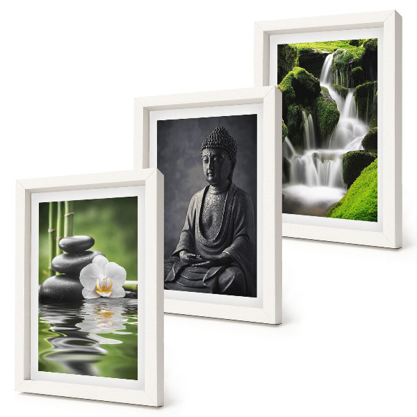 Keretezett triptichon Pihentető ZEN festmények vízzel, kövekkel és Buddhával