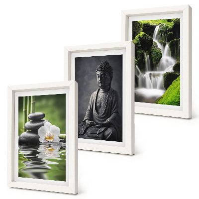 Keretezett triptichon Pihentető ZEN festmények vízzel, kövekkel és Buddhával