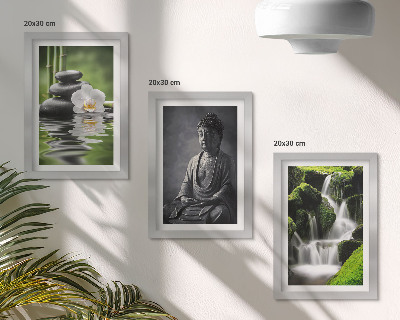 Keretezett triptichon Pihentető ZEN festmények vízzel, kövekkel és Buddhával