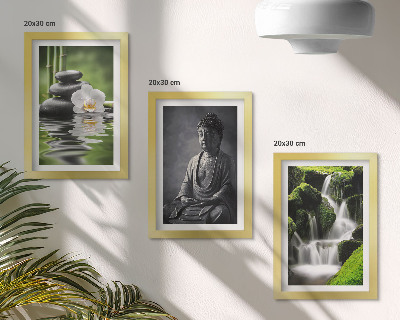 Keretezett triptichon Pihentető ZEN festmények vízzel, kövekkel és Buddhával