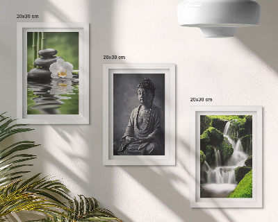 Keretezett triptichon Pihentető ZEN festmények vízzel, kövekkel és Buddhával