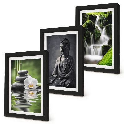 Keretezett triptichon Pihentető ZEN festmények vízzel, kövekkel és Buddhával