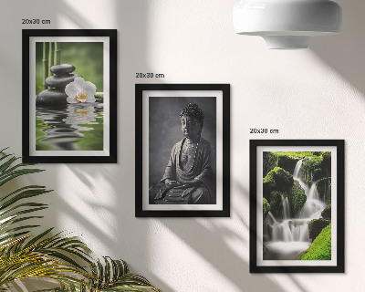 Keretezett triptichon Pihentető ZEN festmények vízzel, kövekkel és Buddhával