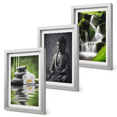 Keretezett triptichon Pihentető ZEN festmények vízzel, kövekkel és Buddhával