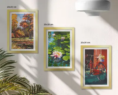 Keretezett triptichon őszi színek, liliomos tó és bicikli a teraszon mintával