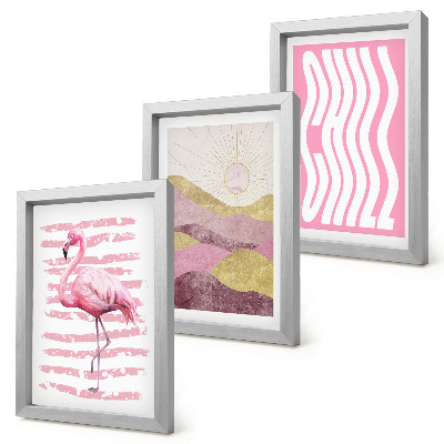 Modern keretezett kép szett Rózsaszín flamingók pasztell hegyi táj Chill felirat
