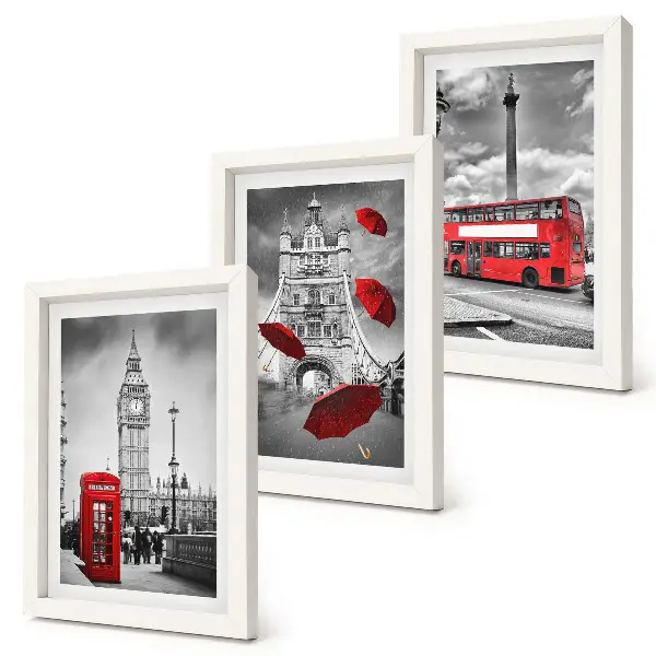 Londoni kilátás egy piros esernyővel és egy busszal keretezett triptichon
