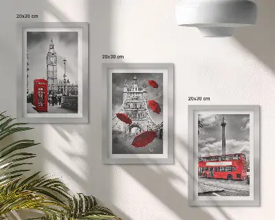 Londoni kilátás egy piros esernyővel és egy busszal keretezett triptichon