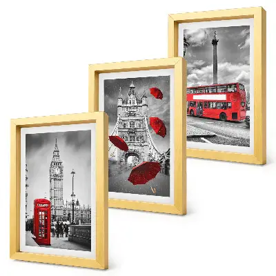 Londoni kilátás egy piros esernyővel és egy busszal keretezett triptichon