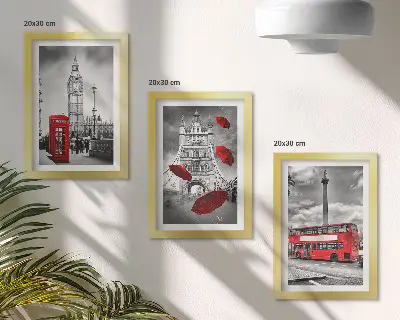 Londoni kilátás egy piros esernyővel és egy busszal keretezett triptichon