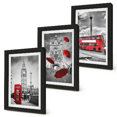 Londoni kilátás egy piros esernyővel és egy busszal keretezett triptichon