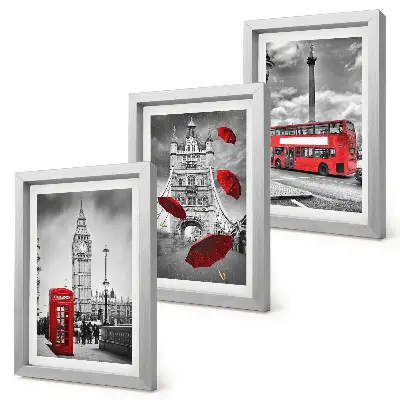 Londoni kilátás egy piros esernyővel és egy busszal keretezett triptichon
