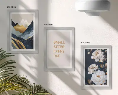 Keretezett triptichon absztrakt hegyek, virágok és inspiráló betűk mintával
