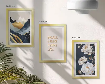 Keretezett triptichon absztrakt hegyek, virágok és inspiráló betűk mintával