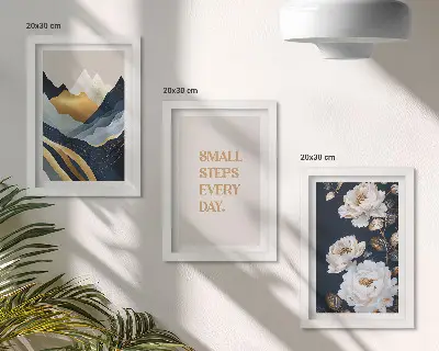 Keretezett triptichon absztrakt hegyek, virágok és inspiráló betűk mintával