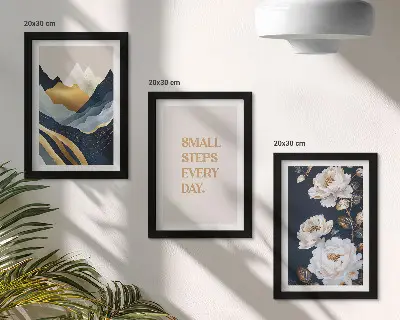 Keretezett triptichon absztrakt hegyek, virágok és inspiráló betűk mintával