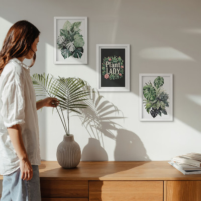 Keretezett triptichon Trópusi növények zöld Plant Lady felirattal
