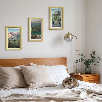 Modern keretezett kép szett hegyi táj tóval és fa mólóval