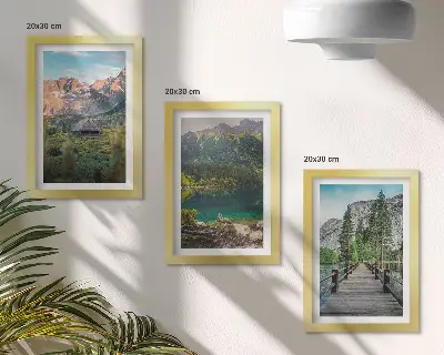 Modern keretezett kép szett hegyi táj tóval és fa mólóval
