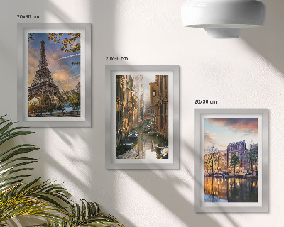 Modern keretezett kép szett Az Eiffel-torony, Velence csatornái és Amszterdam utcái