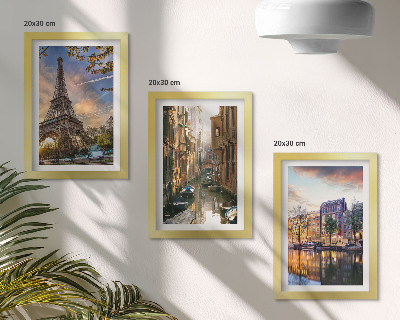 Modern keretezett kép szett Az Eiffel-torony, Velence csatornái és Amszterdam utcái