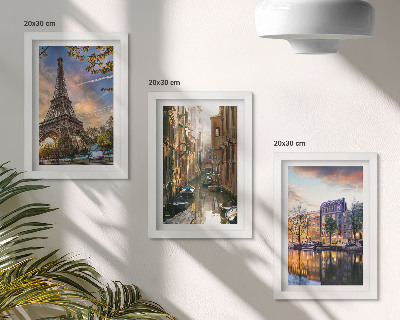 Modern keretezett kép szett Az Eiffel-torony, Velence csatornái és Amszterdam utcái