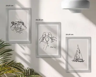 Modern keretezett képszett kilátás a vízparti házra vitorláshajóval és koccintó poharakkal