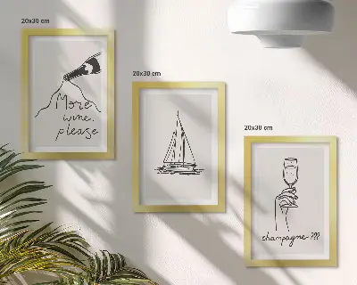 Vitorlás bor és pezsgőspohár lineáris stílusú kép keretezett triptichon kivitelben