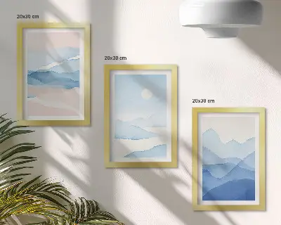 Kék és rózsaszín hegyi tájképek akvarellben keretezett triptichon kivitelben