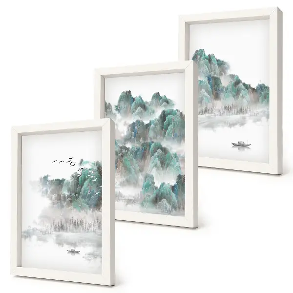 Modern keretezett képszett hegyek, felhők, madarak és csónak a vízen japán stílusban