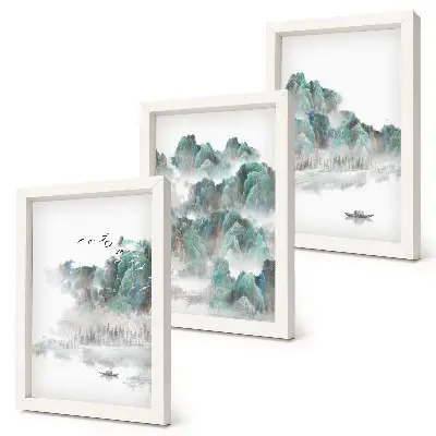 Modern keretezett képszett hegyek, felhők, madarak és csónak a vízen japán stílusban