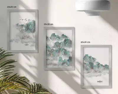 Modern keretezett képszett hegyek, felhők, madarak és csónak a vízen japán stílusban