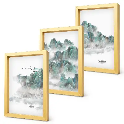 Modern keretezett képszett hegyek, felhők, madarak és csónak a vízen japán stílusban