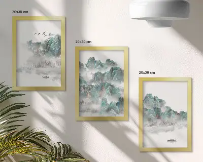 Modern keretezett képszett hegyek, felhők, madarak és csónak a vízen japán stílusban