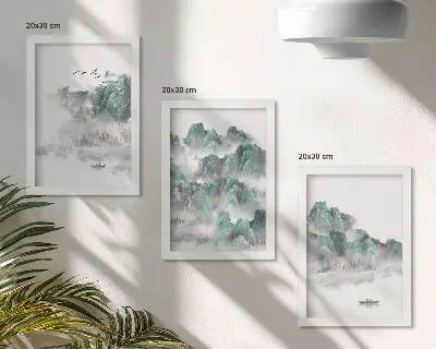 Modern keretezett képszett hegyek, felhők, madarak és csónak a vízen japán stílusban