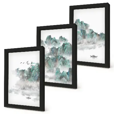 Modern keretezett képszett hegyek, felhők, madarak és csónak a vízen japán stílusban