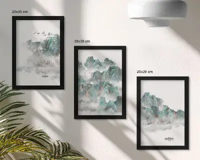 Modern keretezett képszett hegyek, felhők, madarak és csónak a vízen japán stílusban