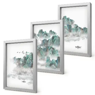 Modern keretezett képszett hegyek, felhők, madarak és csónak a vízen japán stílusban