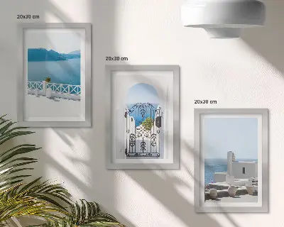 Tengeri kilátás fehér épületekkel Görögországban keretezett triptichon kivitelben