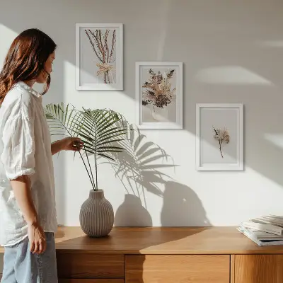 Keretezett triptichon minimalista természetstílusú virágok és ágak mintával