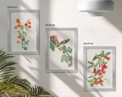 Modern keretezett kép szett festett retro virágok és egy madár egy ágon motívummal