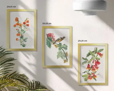 Modern keretezett kép szett festett retro virágok és egy madár egy ágon motívummal
