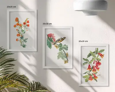 Modern keretezett kép szett festett retro virágok és egy madár egy ágon motívummal